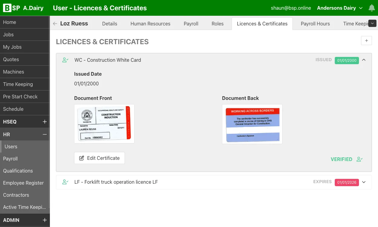 Employee Licences & Certificates