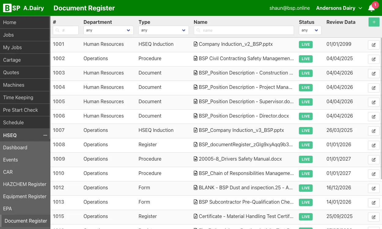 HSEQ Document Register